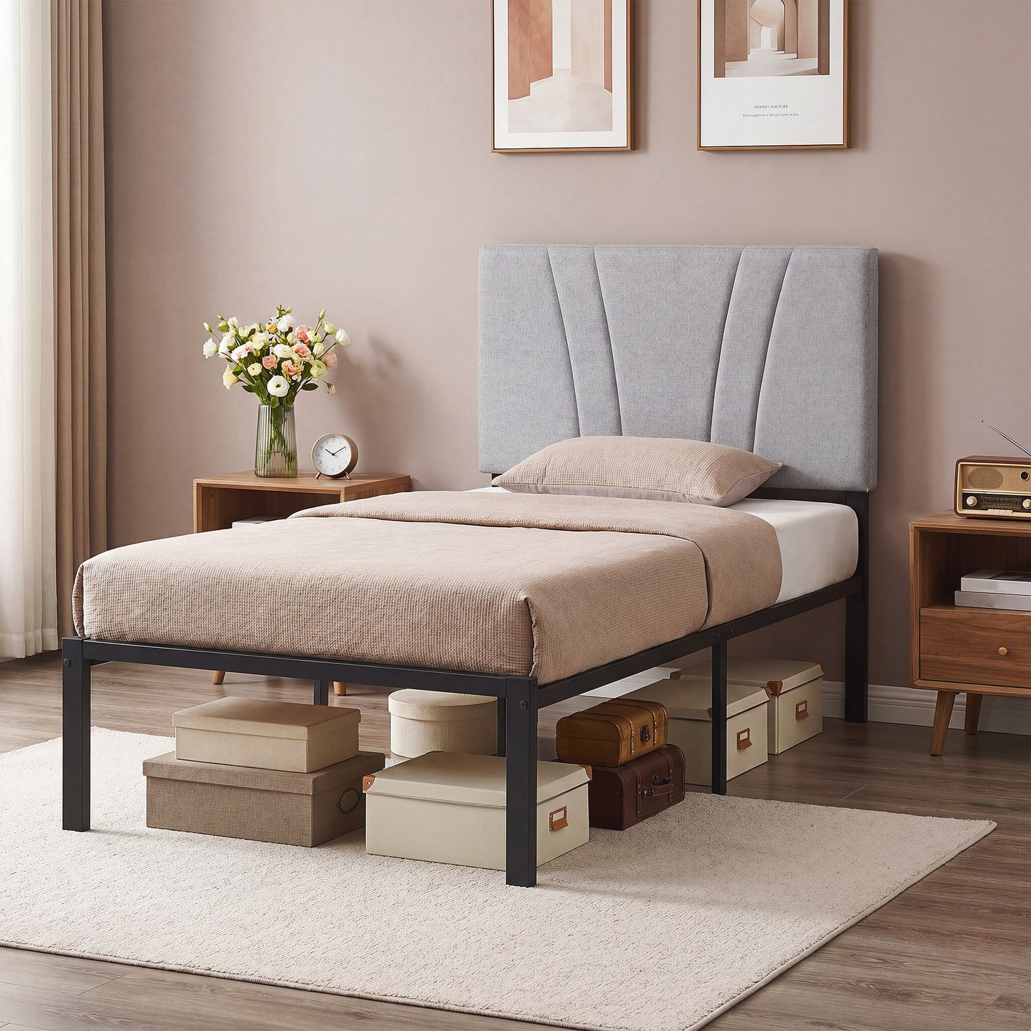 HOMCOM 3FT Single Bed Frame With Upholstered Headboard And Underbed Storage In Black And Light Grey