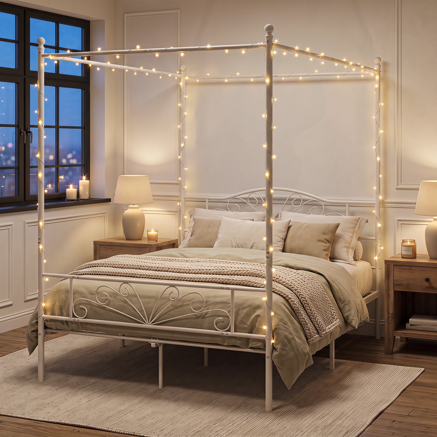 Homcom Double Canopy Bed Frame Metal Platform With Headboard And White