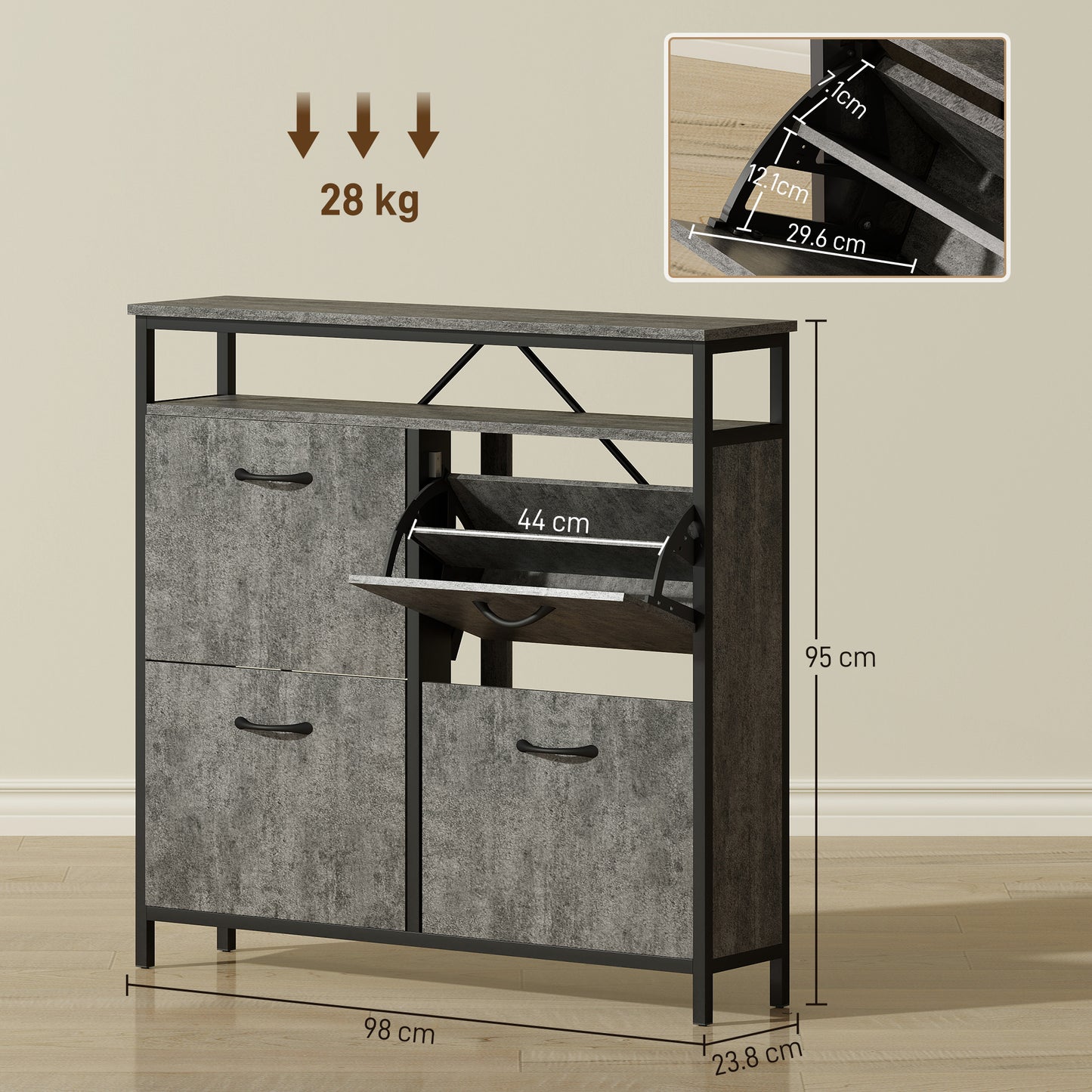HOMCOM Cement Grey Shoe Storage Cabinet With Four Flip Drawers And Open Shelf For Industrial Entryway Organization