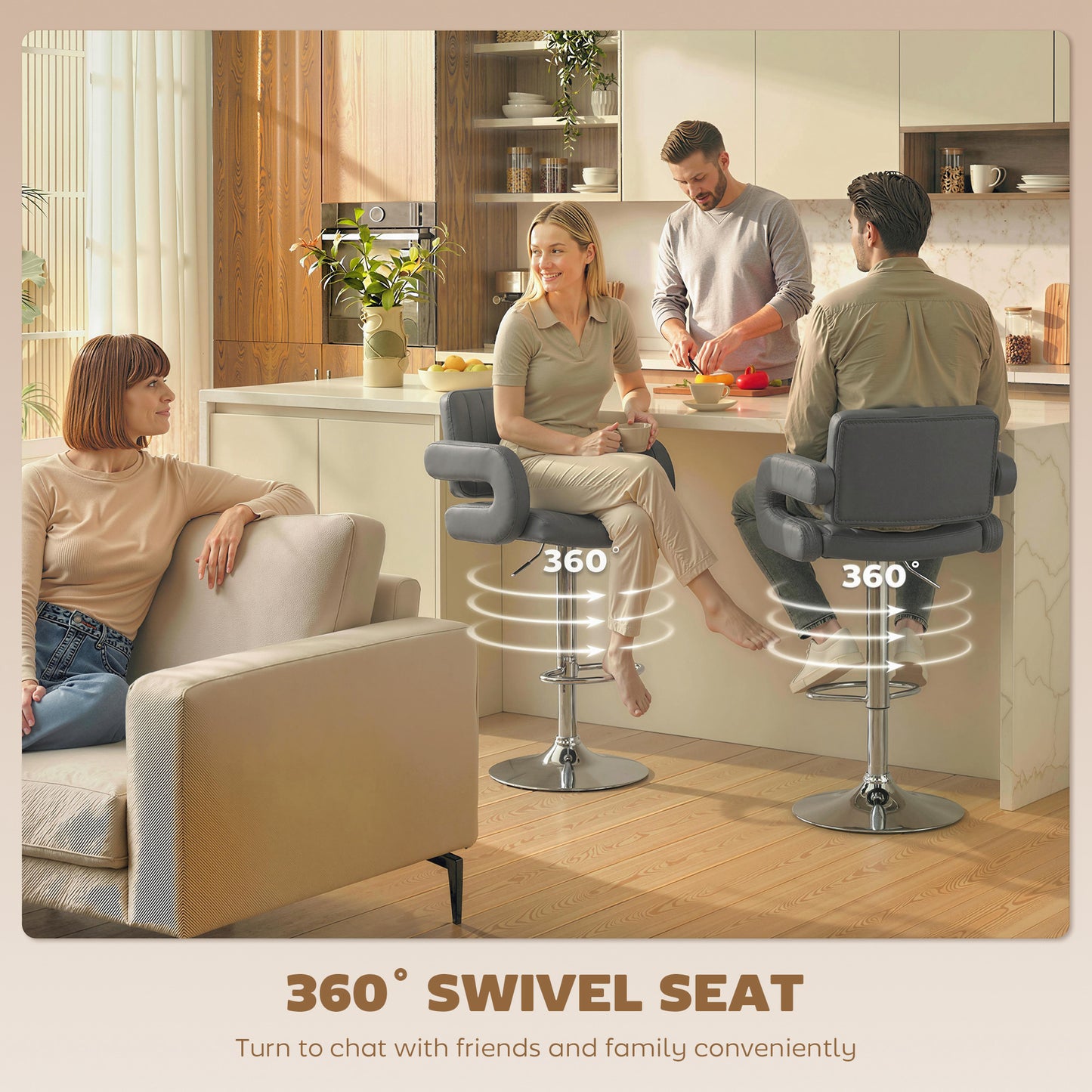HOMCOM Adjustable Swivel Bar Stools With Backrest And Armrests In PU Leather Grey Set Of 2