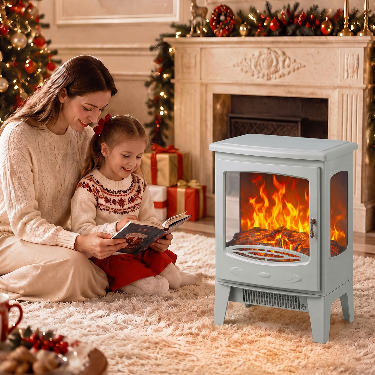 Grey electric fireplace heater with tempered glass front and visible LED flames near two people