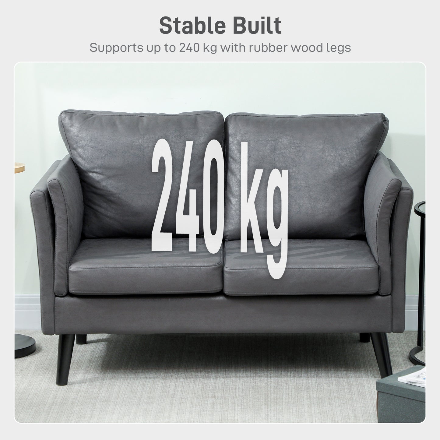 HOMCOM Two Seater Leathaire Sofa Grey With High Density Foam Cushions And Breathable Leather Look Upholstery