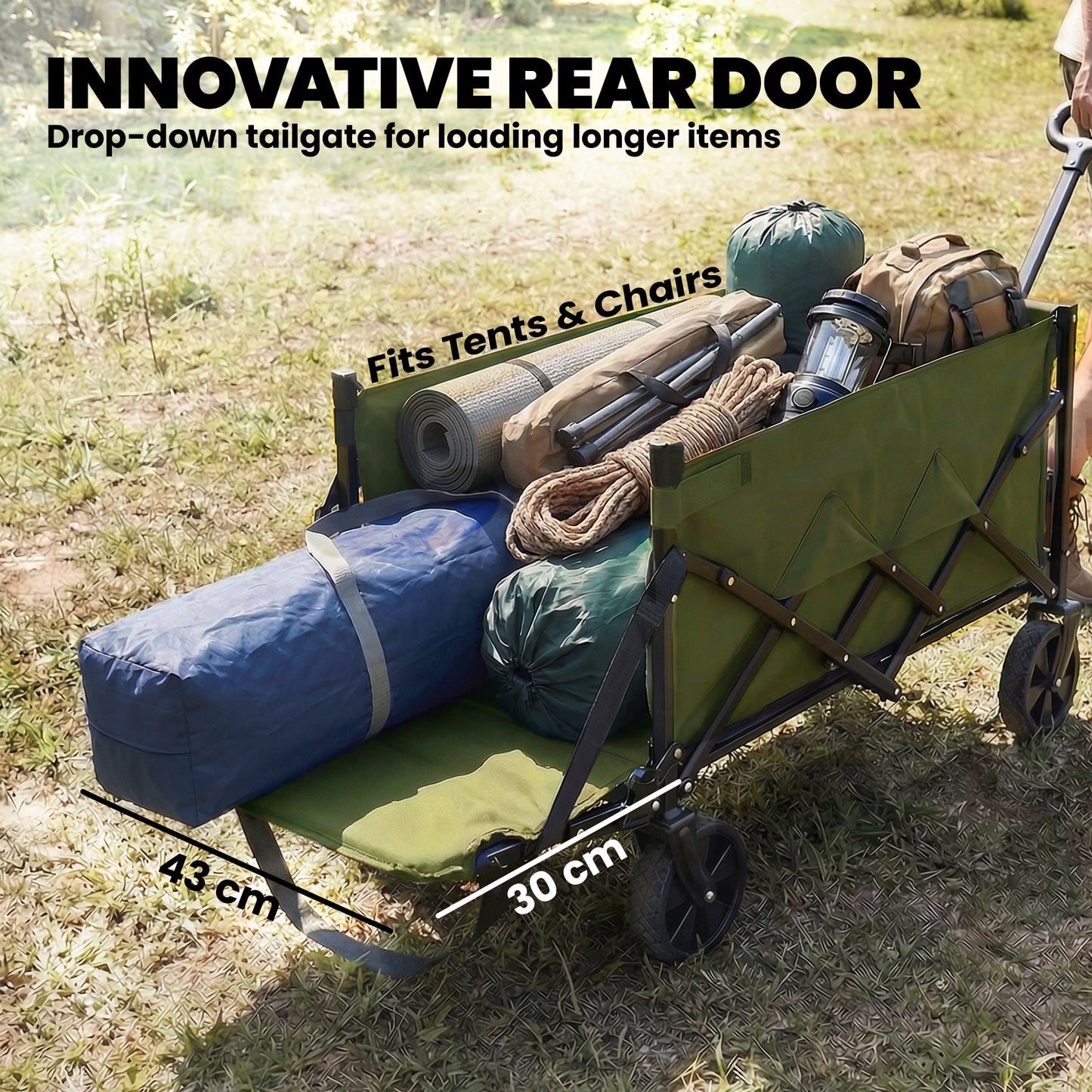 Outsunny 80L Foldable Festival Trolley On Wheels Collapsible Wagon Cart With Drop Down Tailgate Adjustable Handle Green