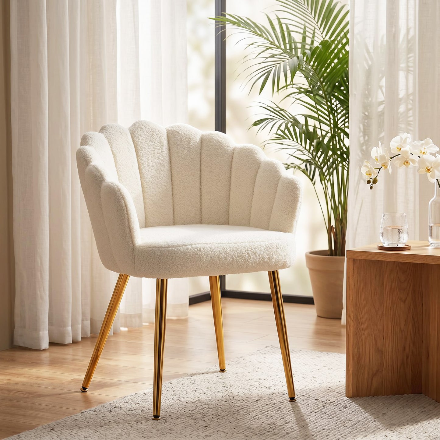 HOMCOM Petal Back Lounge Chair With Metal Legs Cream Armchair For Living Room And Bedroom