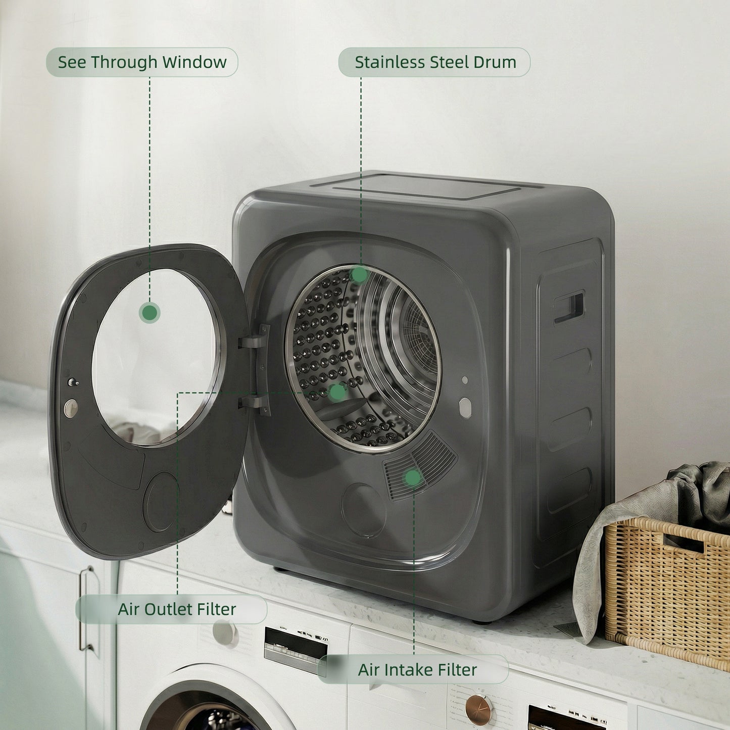 HOMCOM 4kg Vented Tumble Dryer With Five Drying Modes 800W Compact Freestanding Front Tumble Dryer Grey