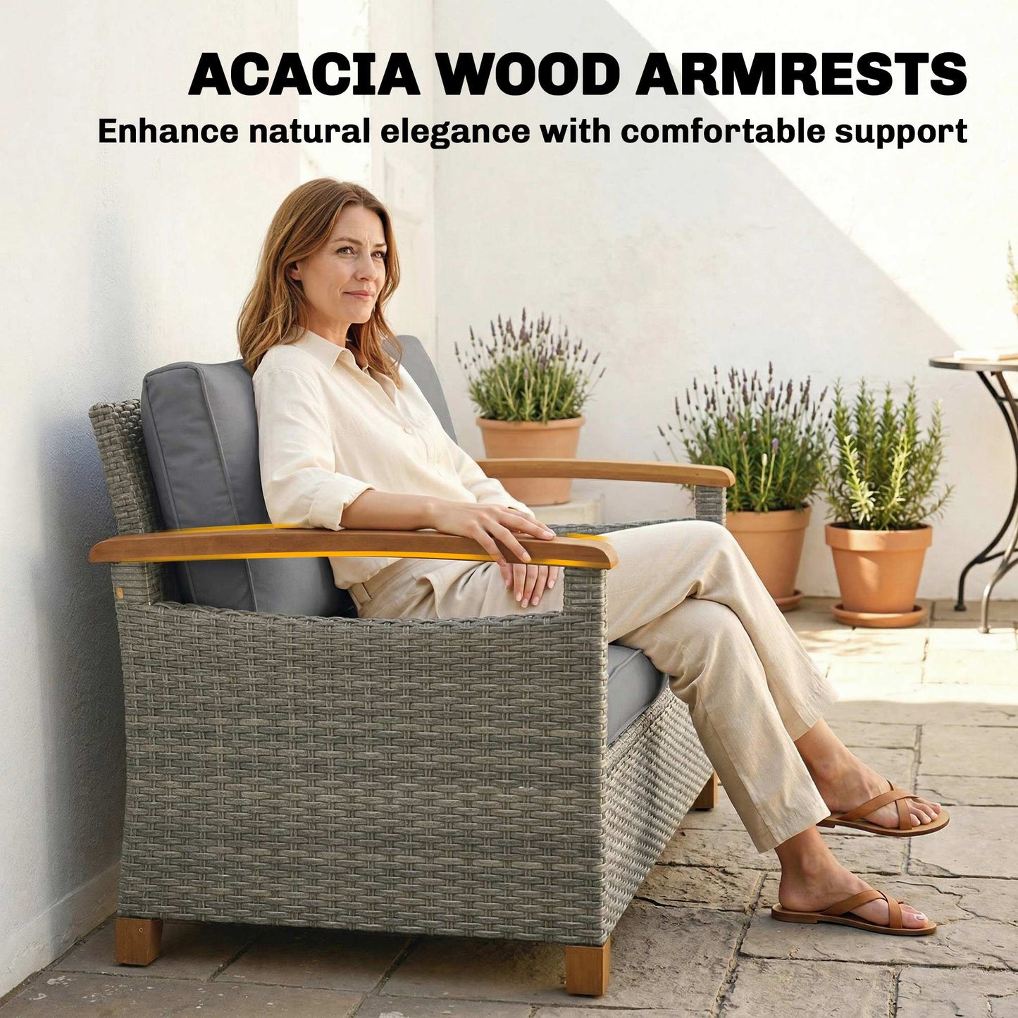 Outsunny Two Seater Rattan Garden Sofa Outdoor Sofa With Thick Cushions And Acacia Wood Armrests Dark Grey
