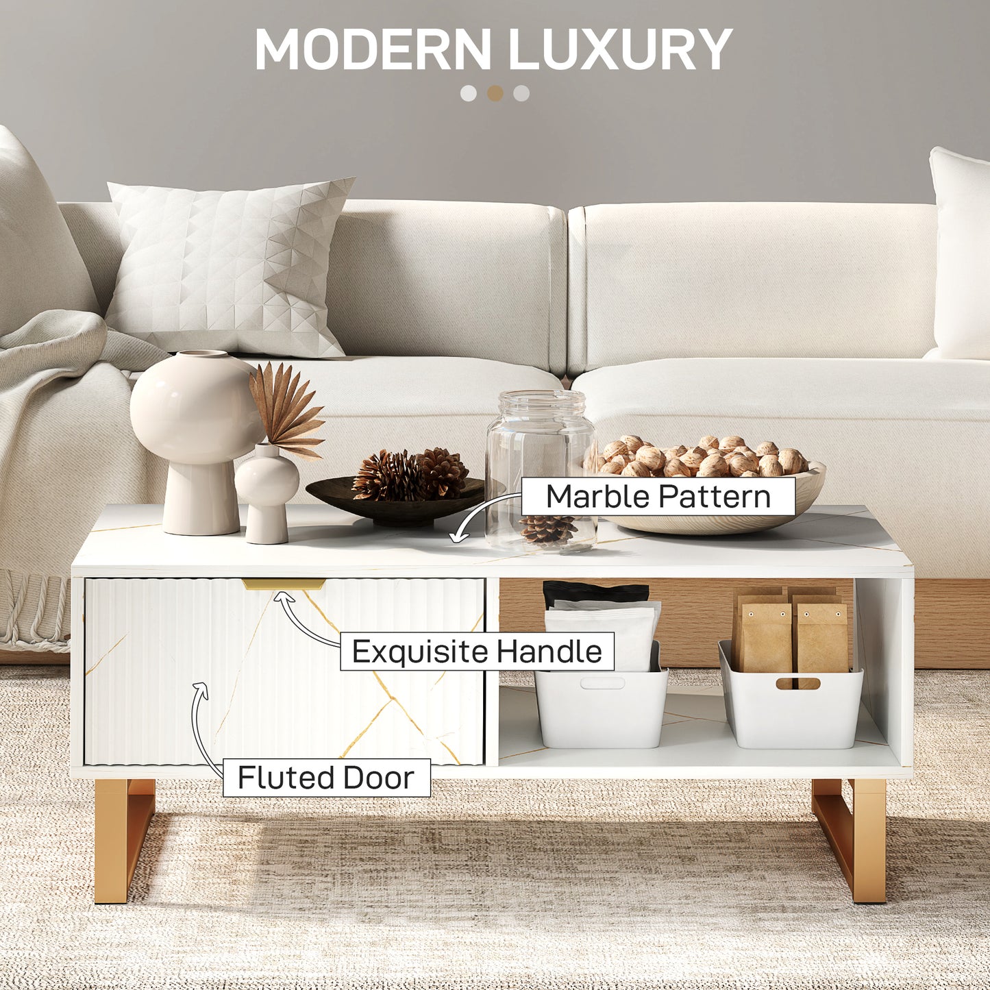 HOMCOM Marble Effect Storage Coffee Table White With Drawer And Shelves Steel Legs Modern Living Room