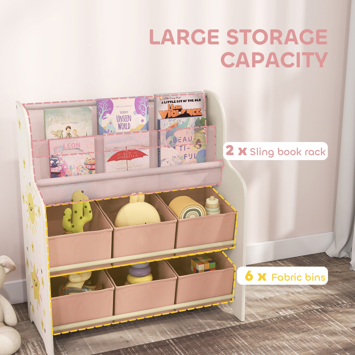 AIYAPLAY Kids Storage Unit Toy Organizer With Six Fabric Drawers And Two Tier Sling Book Rack Pink