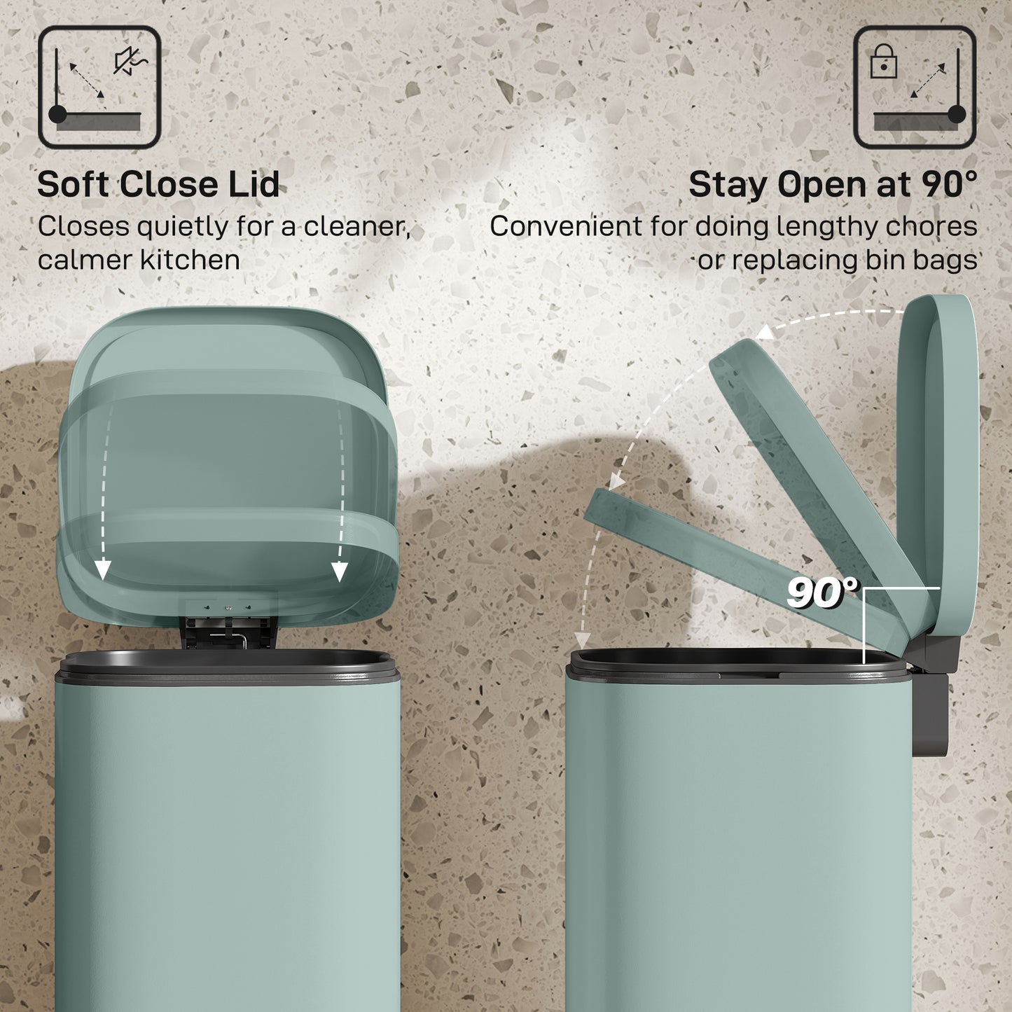 HOMCOM 30L Compact Pedal Kitchen Bin With Soft Close Lid And Stay Open Feature Removable Bucket For Kitchen Office Green