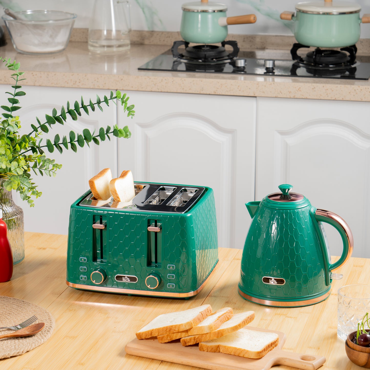 HOMCOM Stylish Green Kettle and Toaster Duo with Fast Boil and Adjustable Browning Features - ALL4U RETAILER LTD