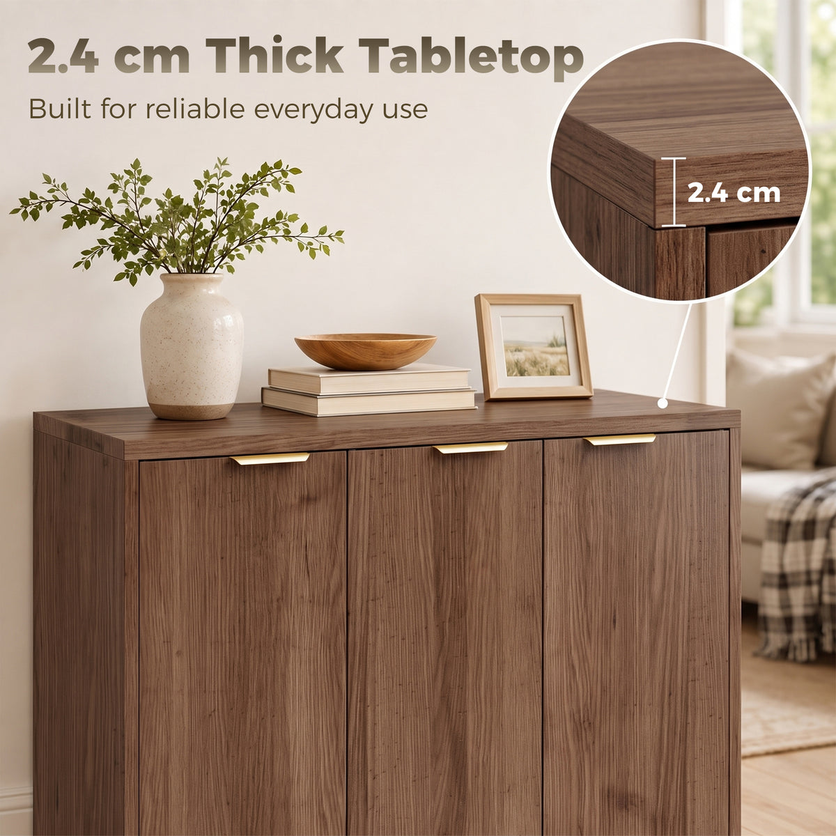 Brown sideboard cabinet with 2.4 cm thick tabletop and three-door front