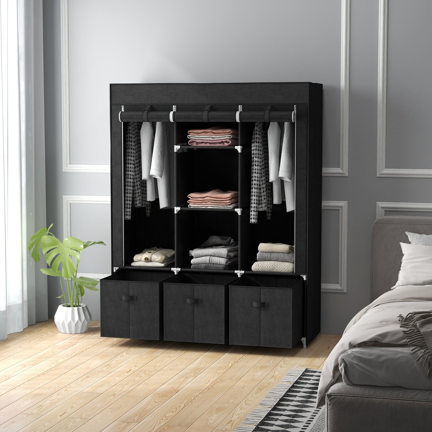 HOMCOM Foldable Fabric Wardrobe for Bedroom Portable with 5 Shelves 2 Hanging Rails and 3 Fabric Drawers Black