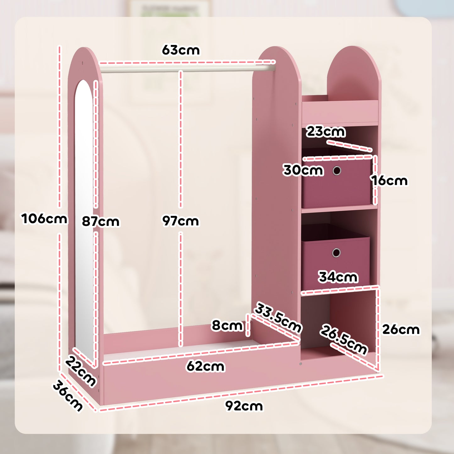 AIYAPLAY Kids Clothes Rail With Storage Shelf Boxes And Mirror For Bedroom And Nursery Pink