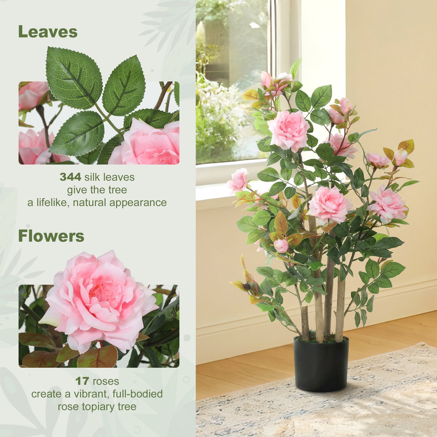 HOMCOM 90cm Artificial Rose Tree with 344 Silk Leaves and 17 Pink Flowers for Indoor and Outdoor Decor