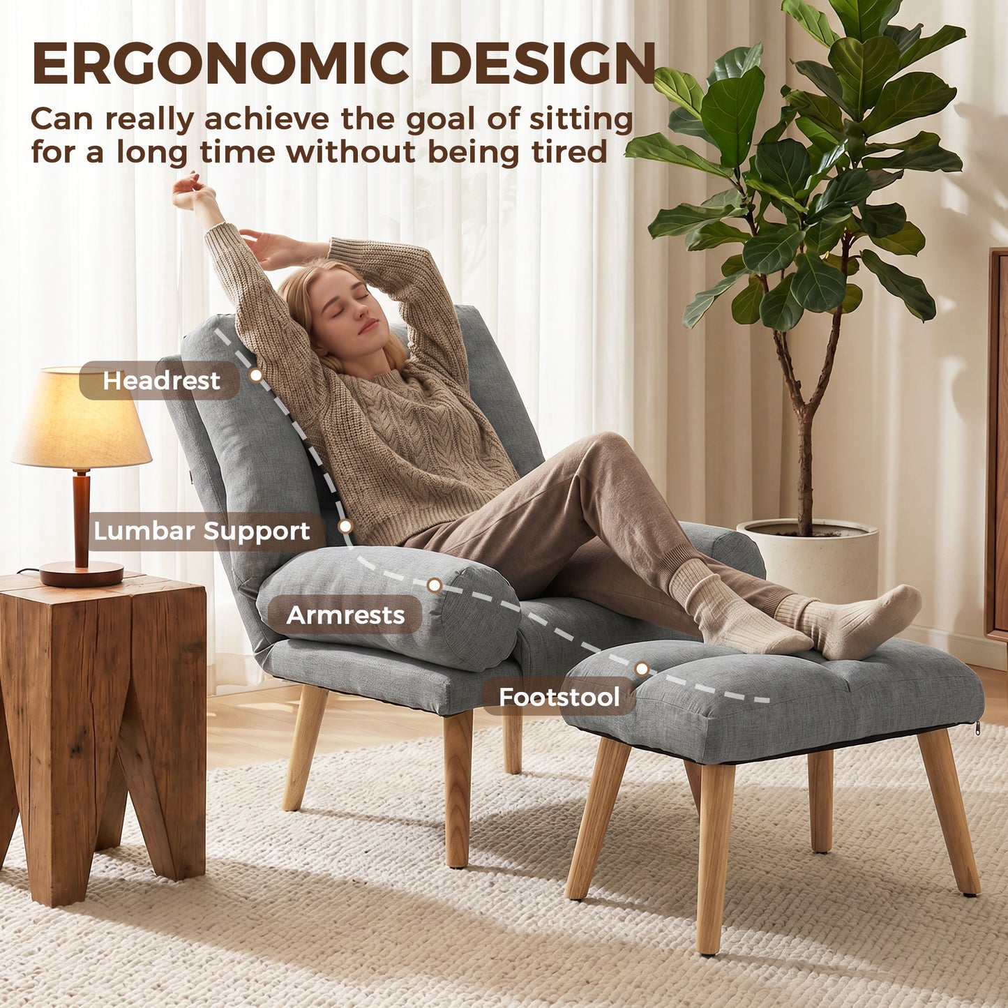 HOMCOM Recliner Chair With Footstool Adjustable Backrest Thick Cushion And Wooden Legs Grey