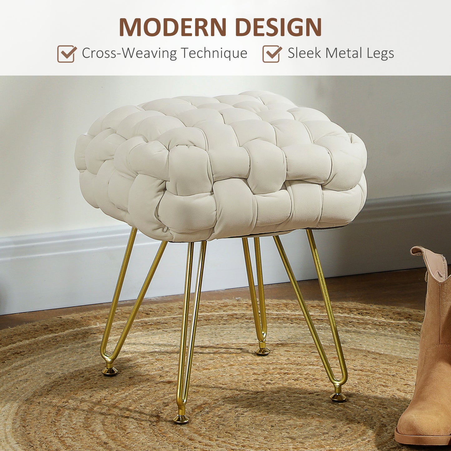 Homcom Velvet Feel Bold Cross Woven Footstool Cream White Living Room Friendly Padded Comfort