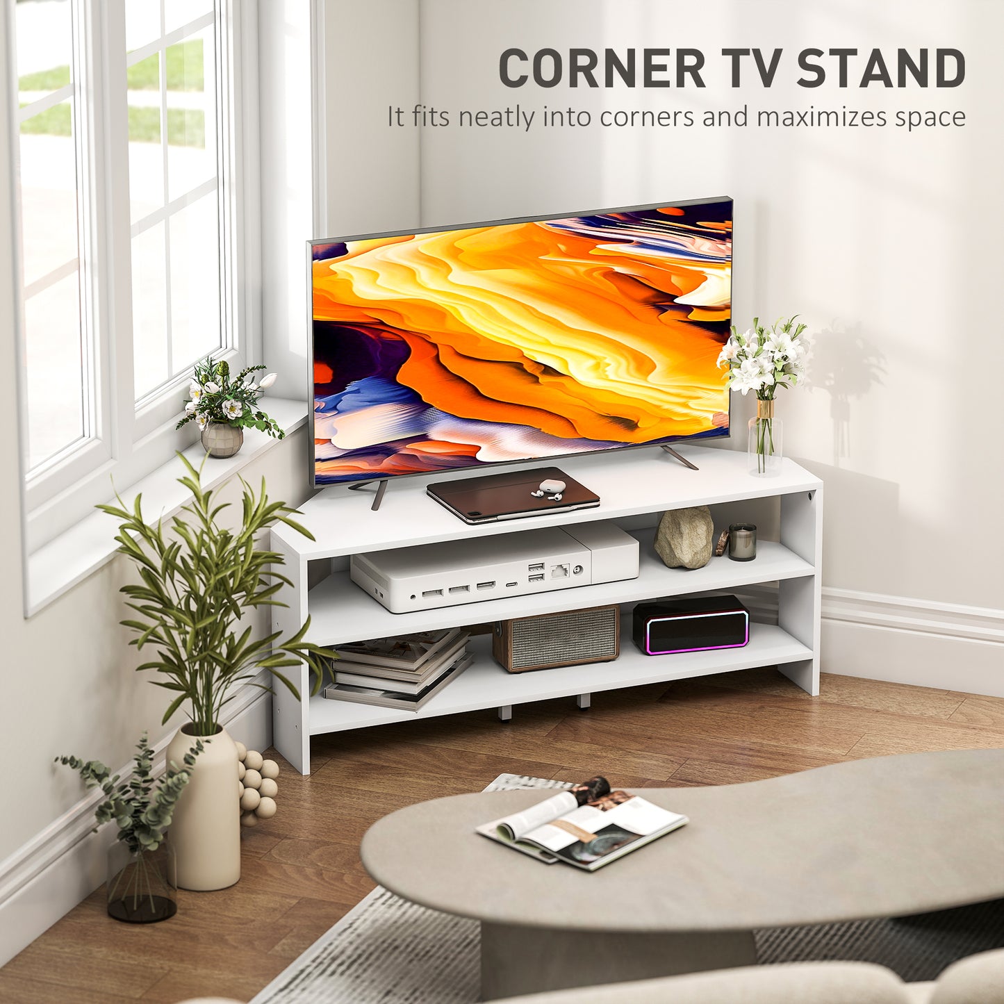HOMCOM Corner TV Stand For 47 Inch TV With Two Open Shelves White Finish For Modern Living Room