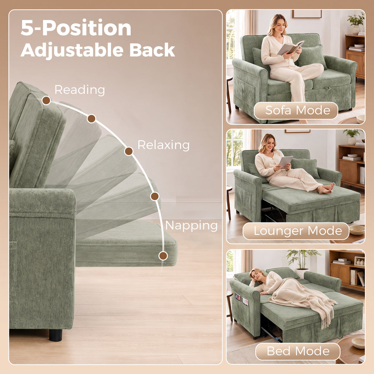 Homcom 2 Seater Sofa Bed Chenille Pull Out Sleeper With Adjustable Backrest