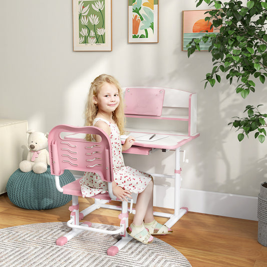 ZONEKIZ Height Adjustable Kids Study Table and Chair Set with Drawer Storage Shelf 80 x 54.5 x 104 cm Pink - ALL4U RETAILER LTD