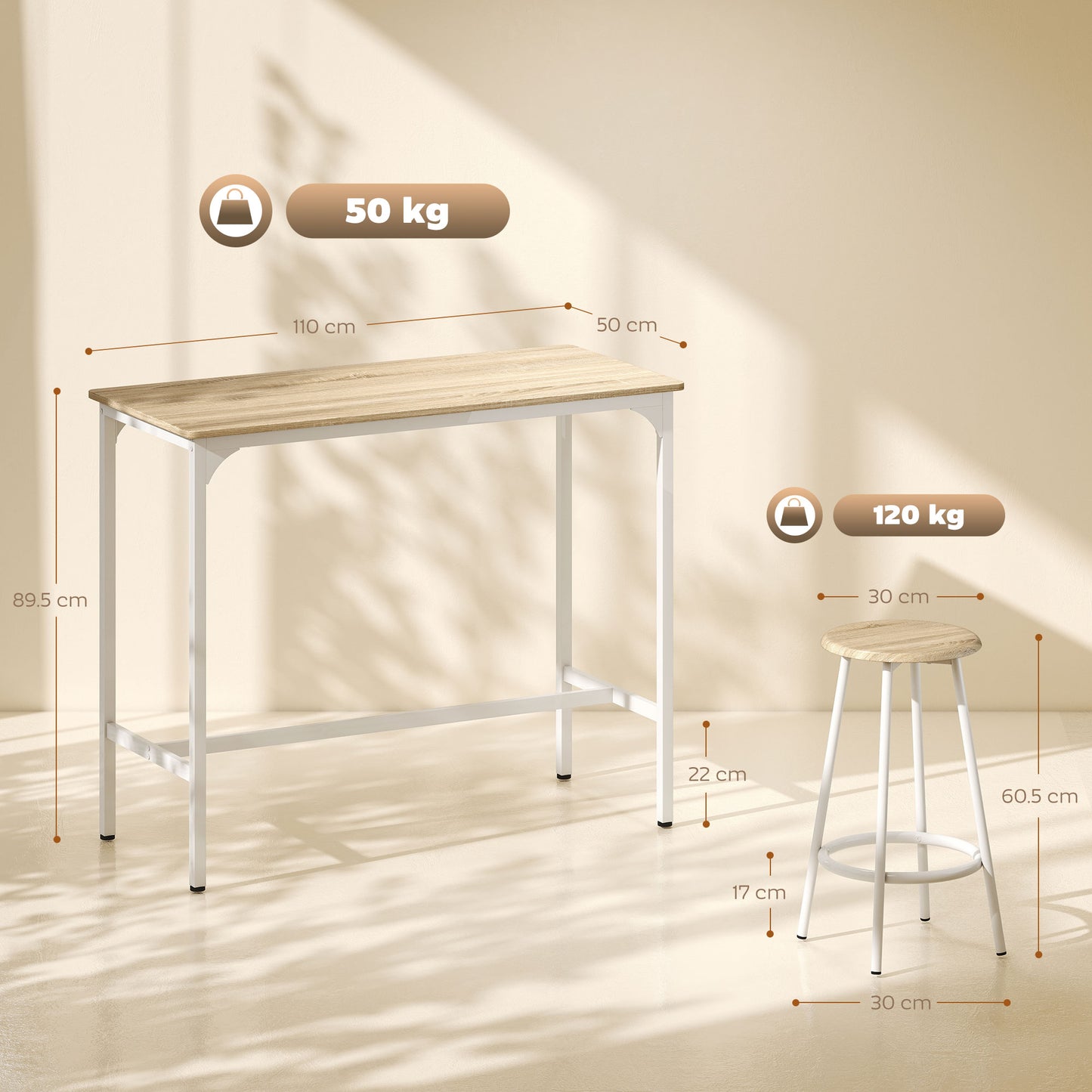 HOMCOM Five Piece Bar Table Set For Four With Stools Metal Frame Footrest Natural Wood