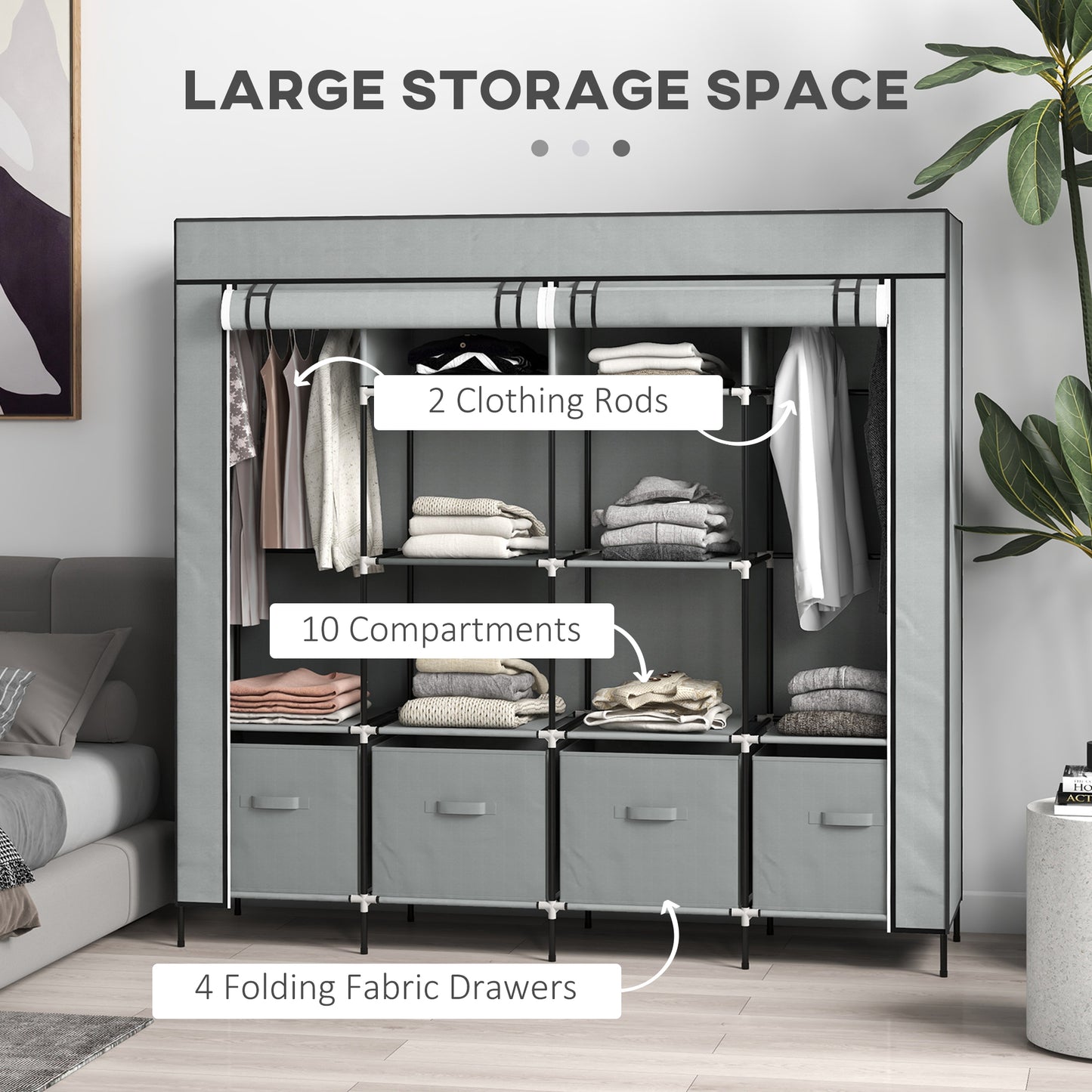 HOMCOM Fabric Wardrobe for Bedroom 10 Compartments 2 Hanging Rails and 4 Drawers 166 by 42.5 by 169.5 cm Dark Grey
