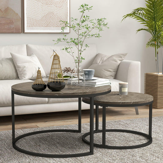 HOMCOM Industrial Nesting Coffee Table Set of 2, Round Coffee Tables, Living Room Table with Faux Marbled Top and Steel Frame - ALL4U RETAILER LTD