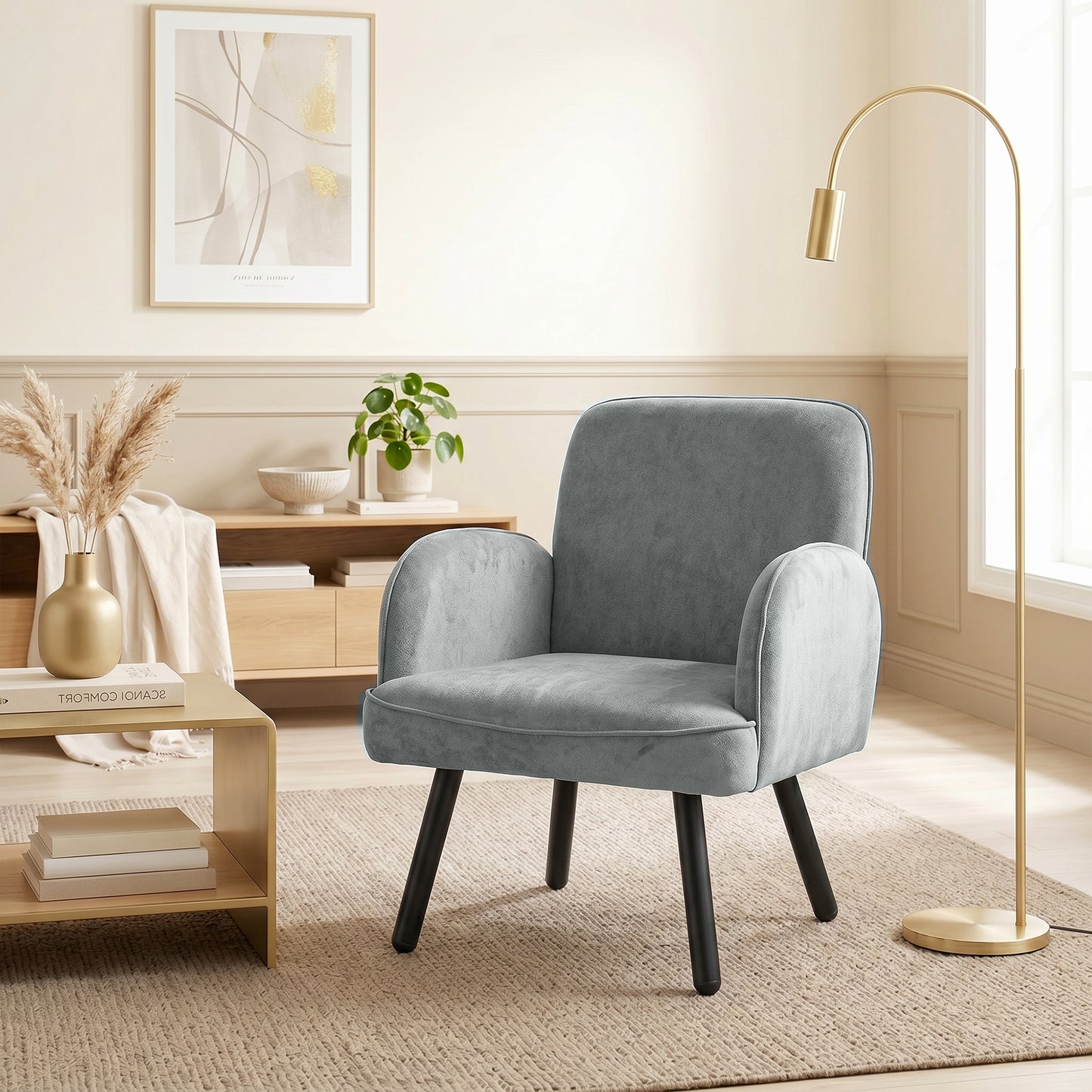 HOMCOM Velvet Upholstered Lounge Chair Armchair With Spring Cushion For Living Room Bedroom Grey