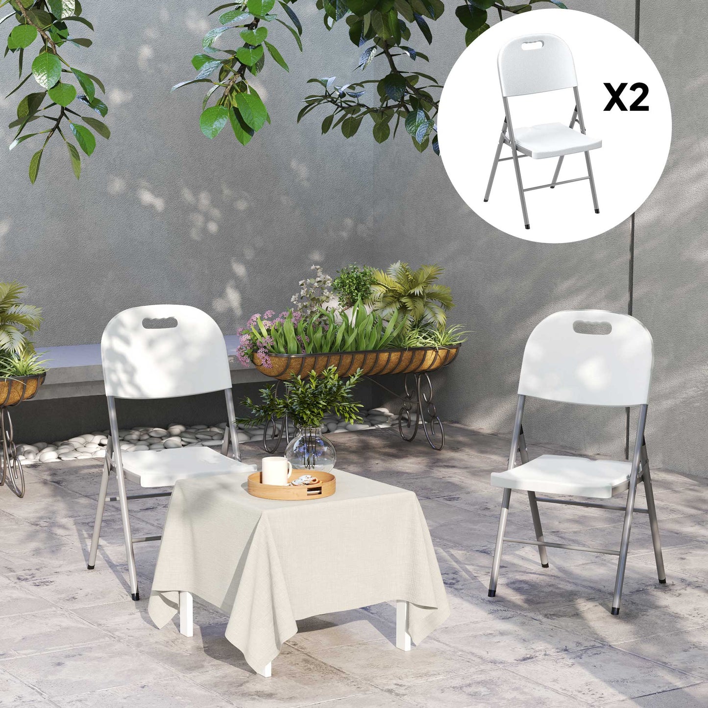 Outsunny Set Of Two Foldable Outdoor Chairs White Lightweight Powder Coated Steel Frame For Easy Carry And Storage