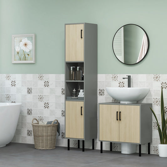 Kleankin Bathroom Furniture Set With Doors Tall Freestanding Cabinet With Adjustable Shelves Under Sink Grey