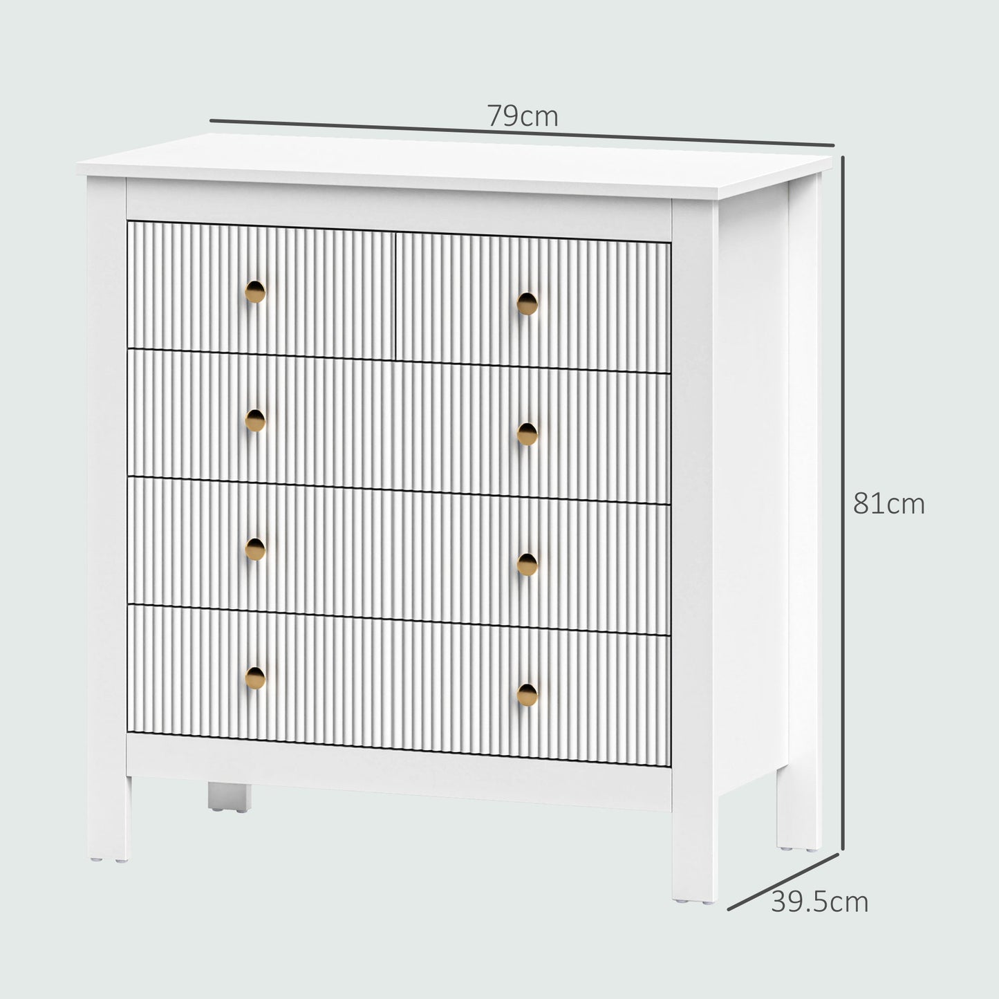 HOMCOM White Five Drawer Chest With Textured Fronts And Gold Tone Knobs For Elegant Bedroom Storage