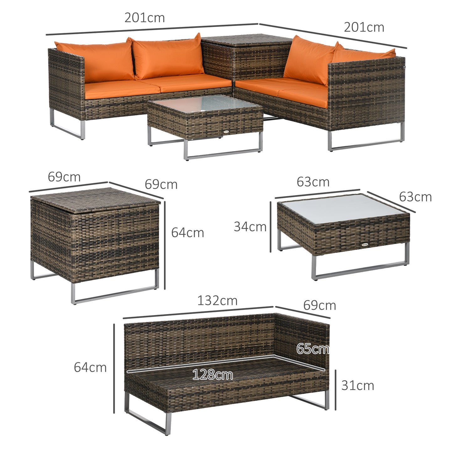 Outsunny 4-Piece Outdoor Rattan Wicker Patio Furniture Set with Cushions and Storage - Orange - ALL4U RETAILER LTD