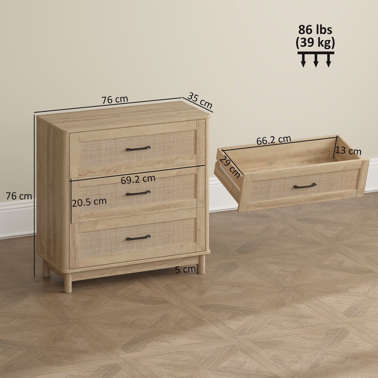 HOMCOM 76 Cm Wide Oak Chest Of Drawers With Three Drawers For Bedroom Organization