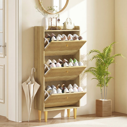HOMCOM Narrow Shoe Cabinet Modern Shoe Storage With 3 Flip Drawers Oak Finish Slim 24cm Depth For Narrow Hallways