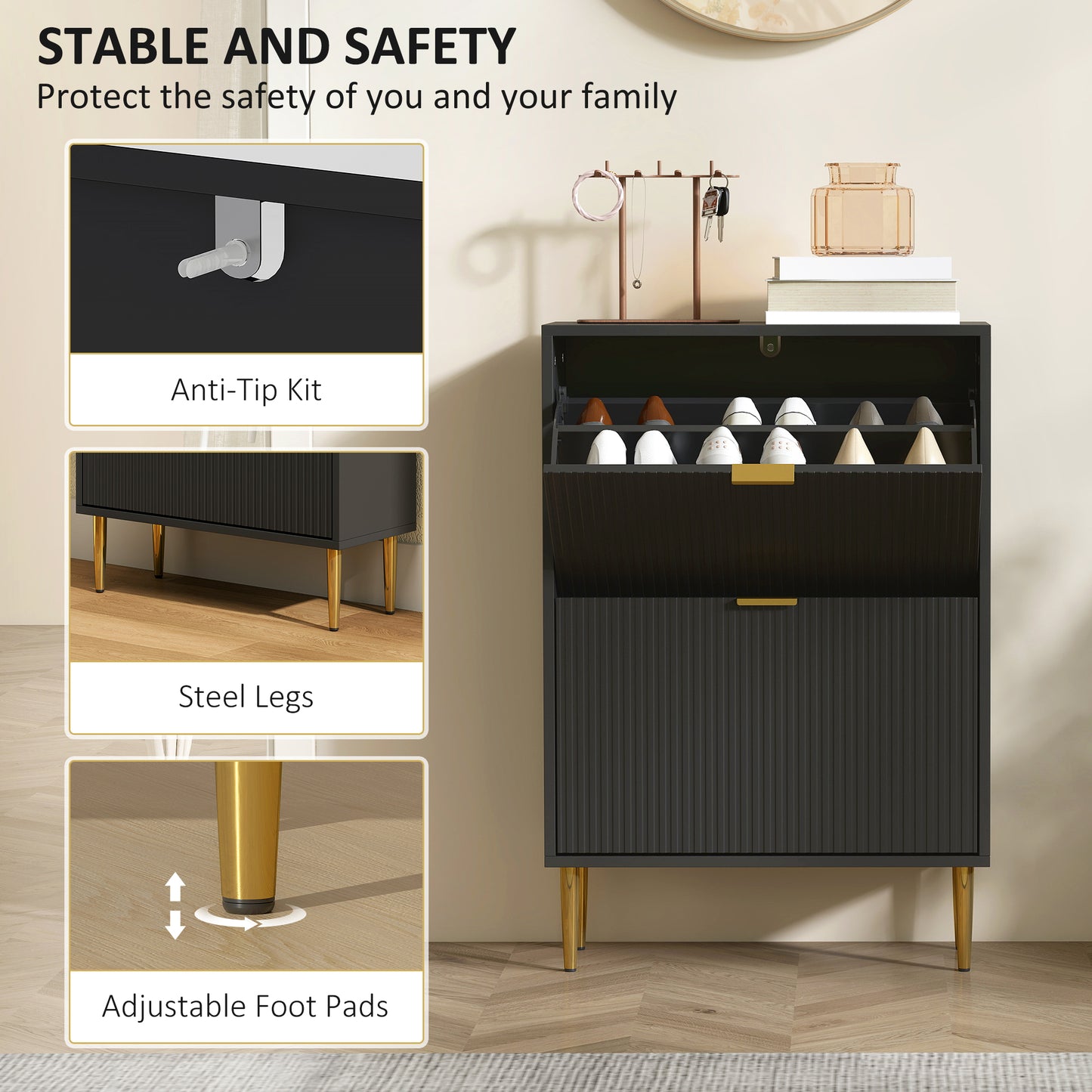 HOMCOM Elegant White Two Drawer Shoe Cabinet With Gold Accents And Adjustable Shelves