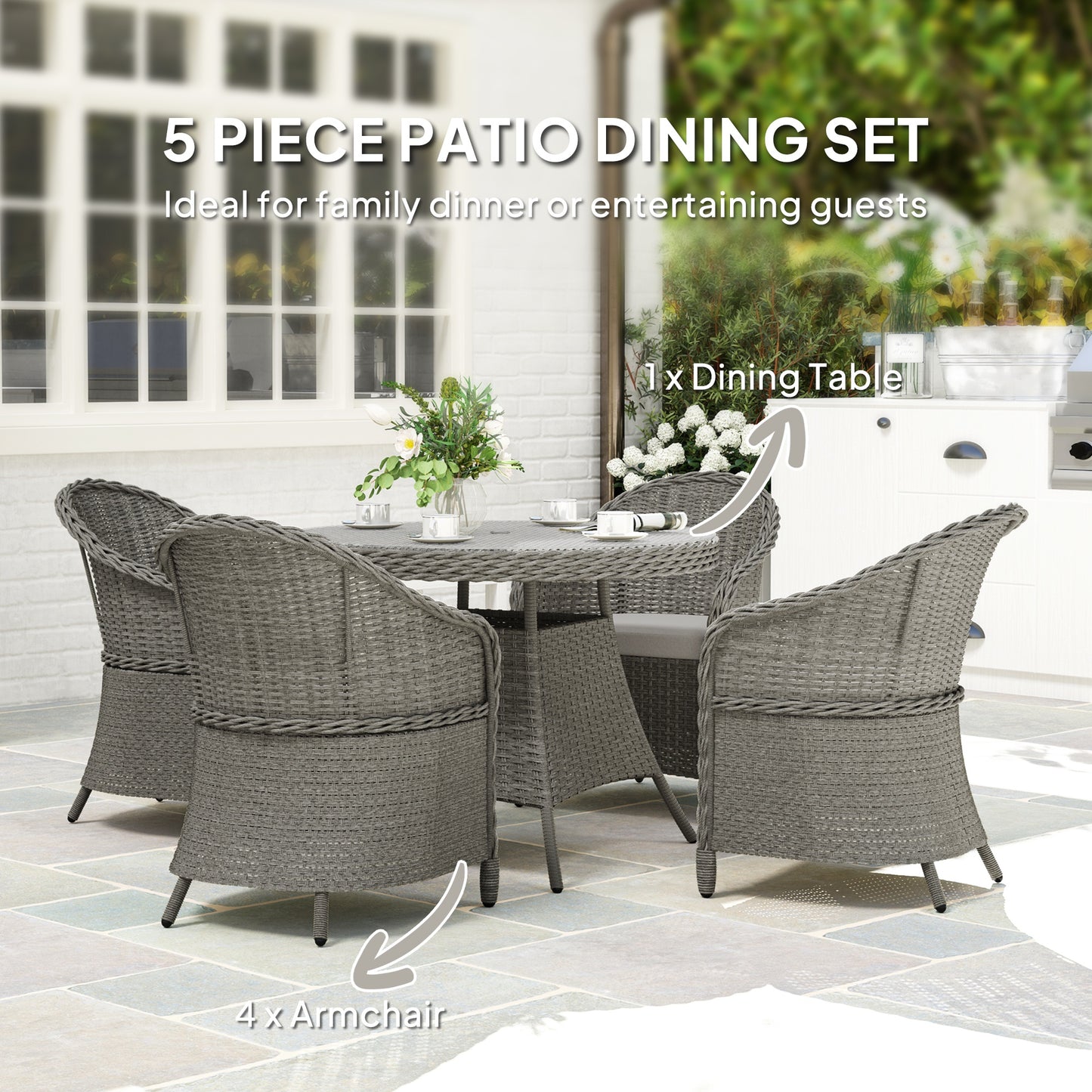 Outsunny 4 Seater Rattan Furniture Set With Cushions Round PE Rattan Dining Set Glass Top Table Umbrella Hole Grey
