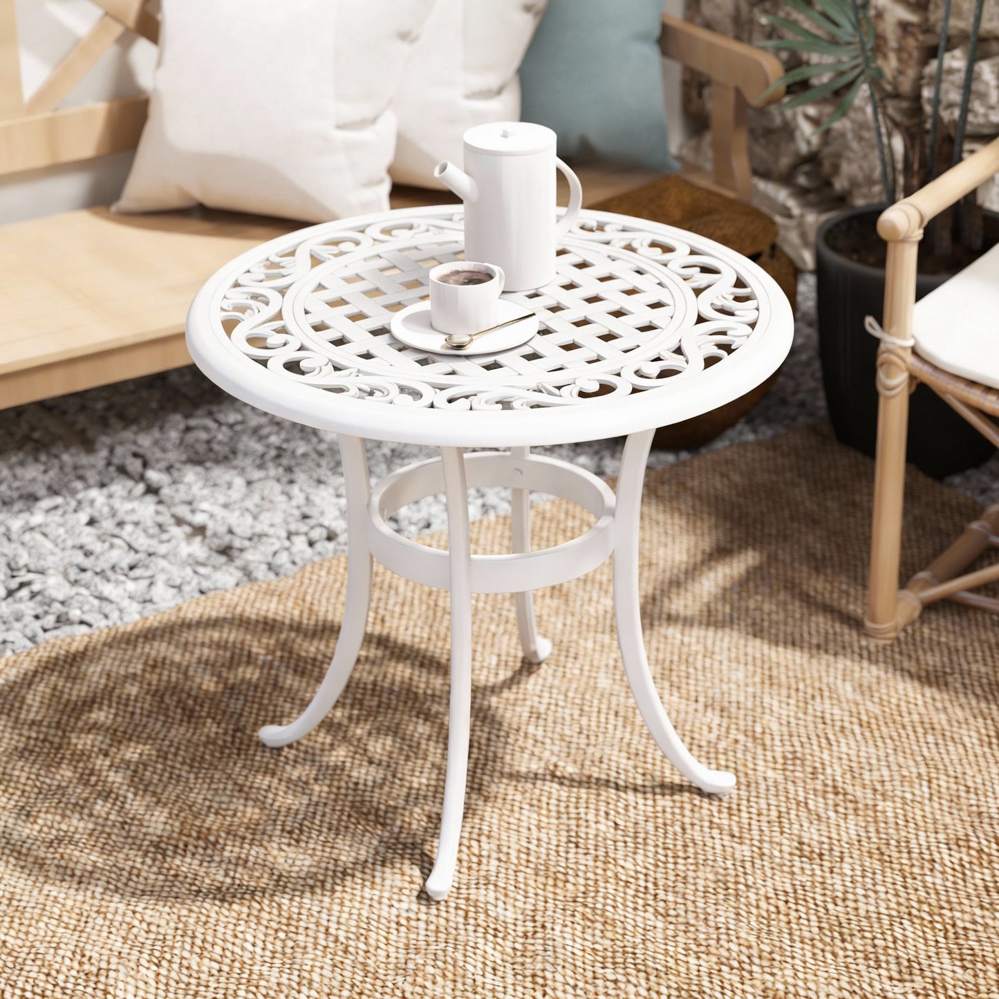 Outsunny 60 cm Round Garden Table Cast Aluminium Outdoor Patio Table White Elegant Cutout Top