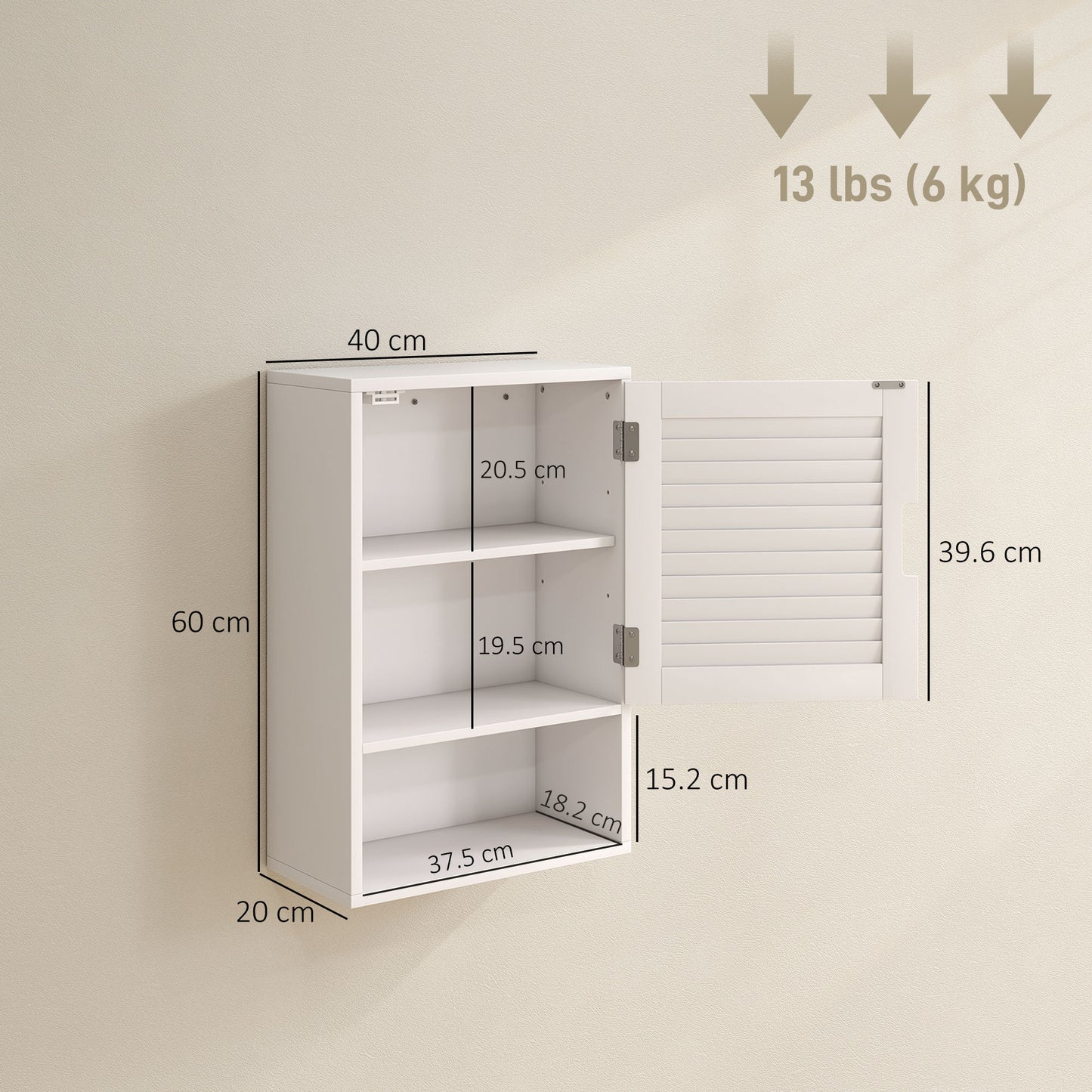 HOMCOM Wall Mounted Bathroom Cabinet With Adjustable Shelves White 40 x 20 x 60 cm
