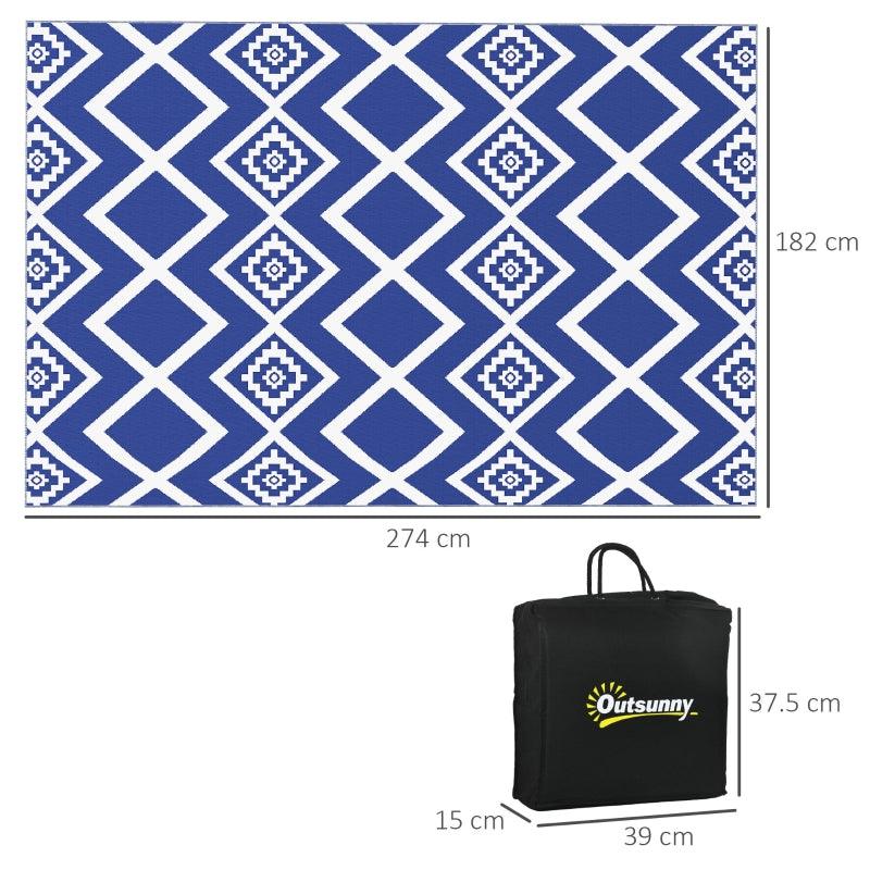 Outsunny Reversible RV Outdoor Rug - Plastic Straw Material, Portable with Carry Bag - 182 x 274cm - Blue and White - ALL4U RETAILER LTD