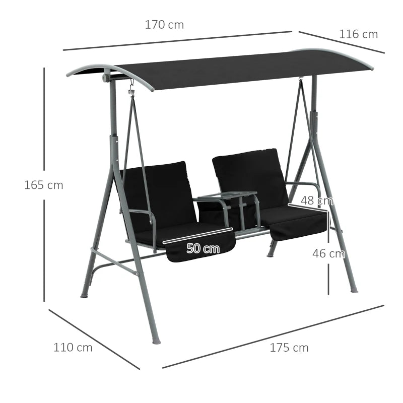 Outsunny 2 Seater Garden Swing Chair with Tilting Canopy, Double Padded Seats, Storage Bag, and Tray - Patio Rocking Bench in Black - ALL4U RETAILER LTD