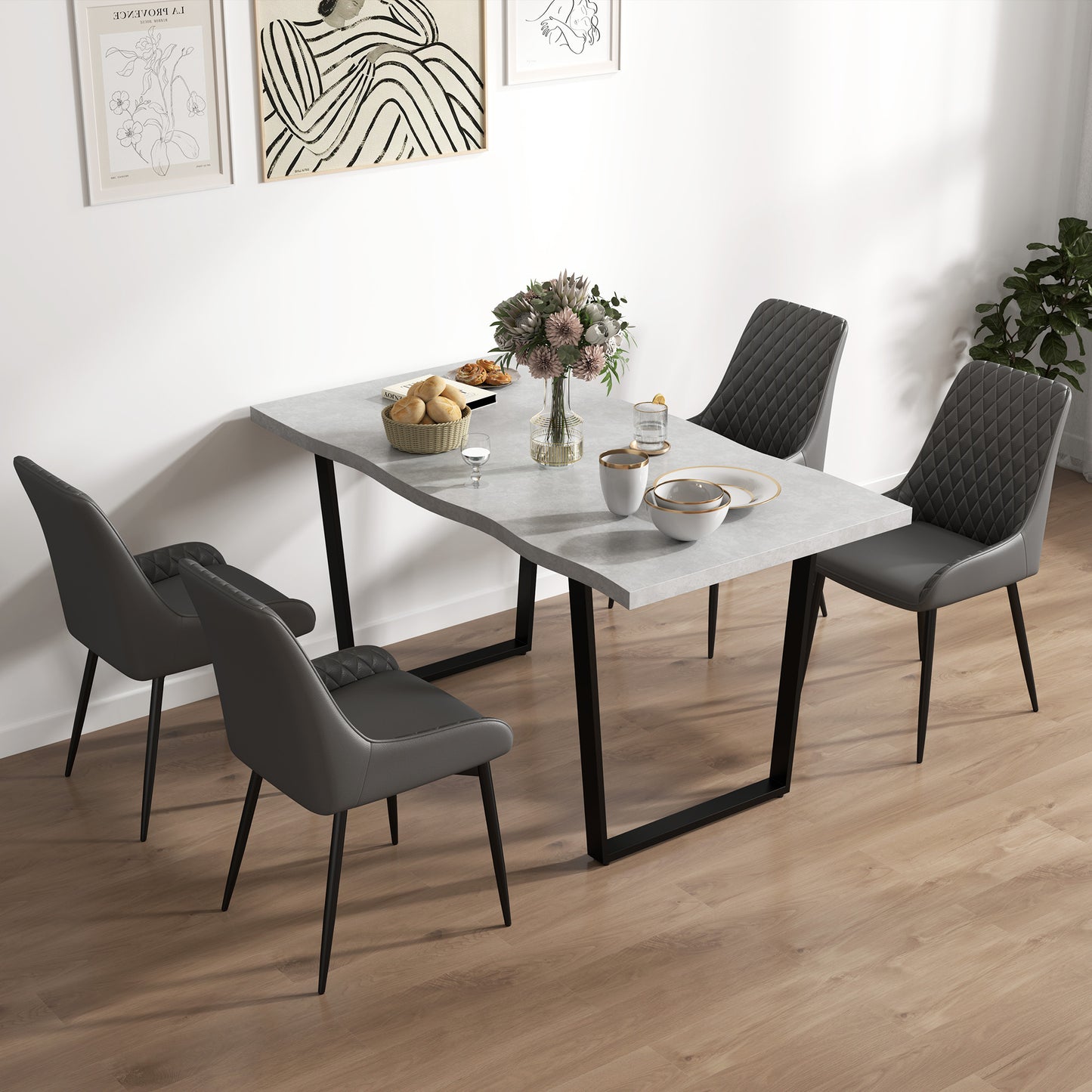 HOMCOM Set of 4 Quilted PU Leather Dining Chairs with Metal Frame and Foot Caps Grey