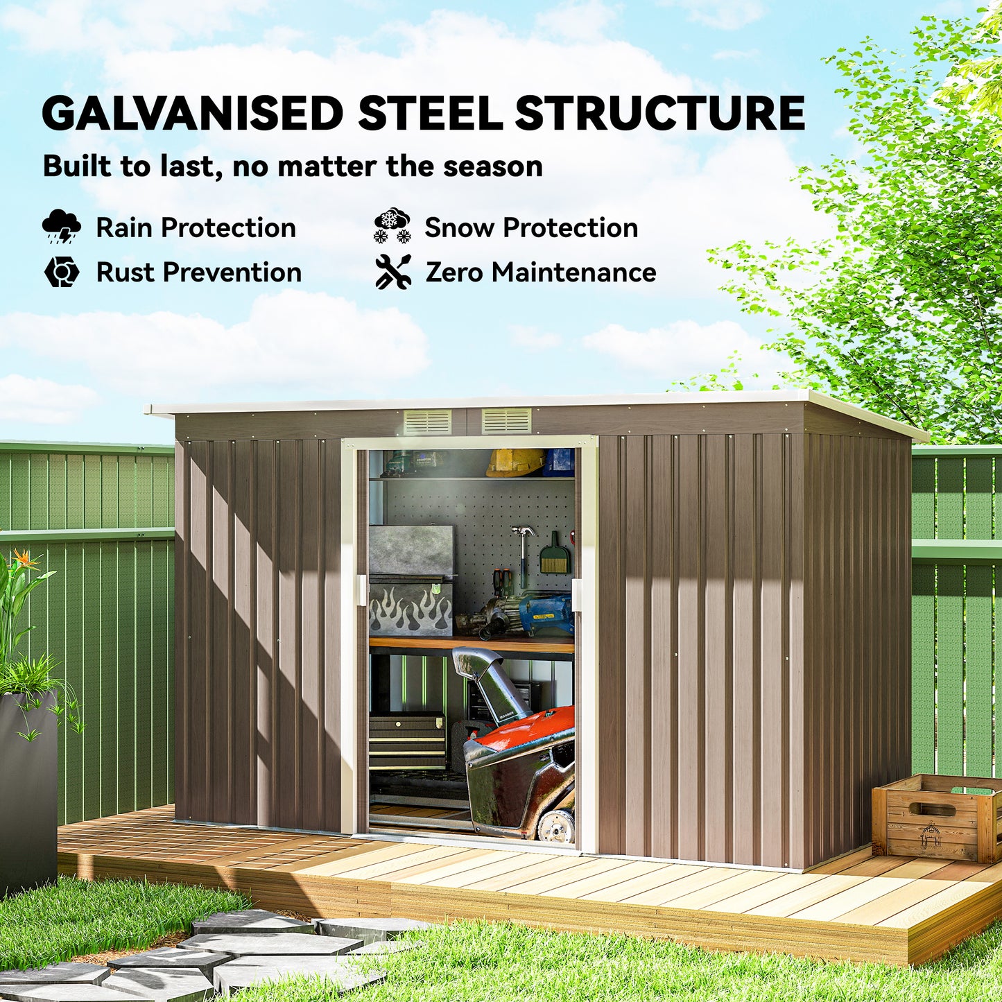 Outsunny 4x9 ft Metal Shed With Foundation Brown Outdoor Garden Tool Storage Shed