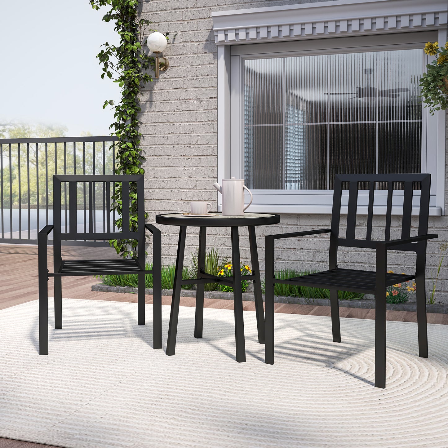 Outsunny 3 Piece Patio Bistro Set With Round Table And Stackable Chairs Galvanised Steel Frame Grey