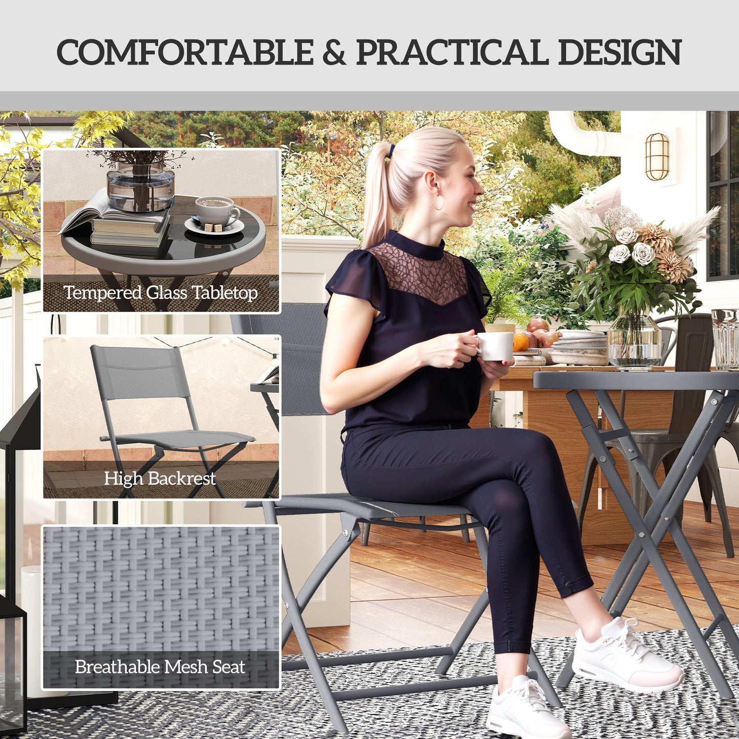 Outsunny 3 Piece Outdoor Bistro Set Glass Top Table and Two Folding Chairs with Protective Feet Grey