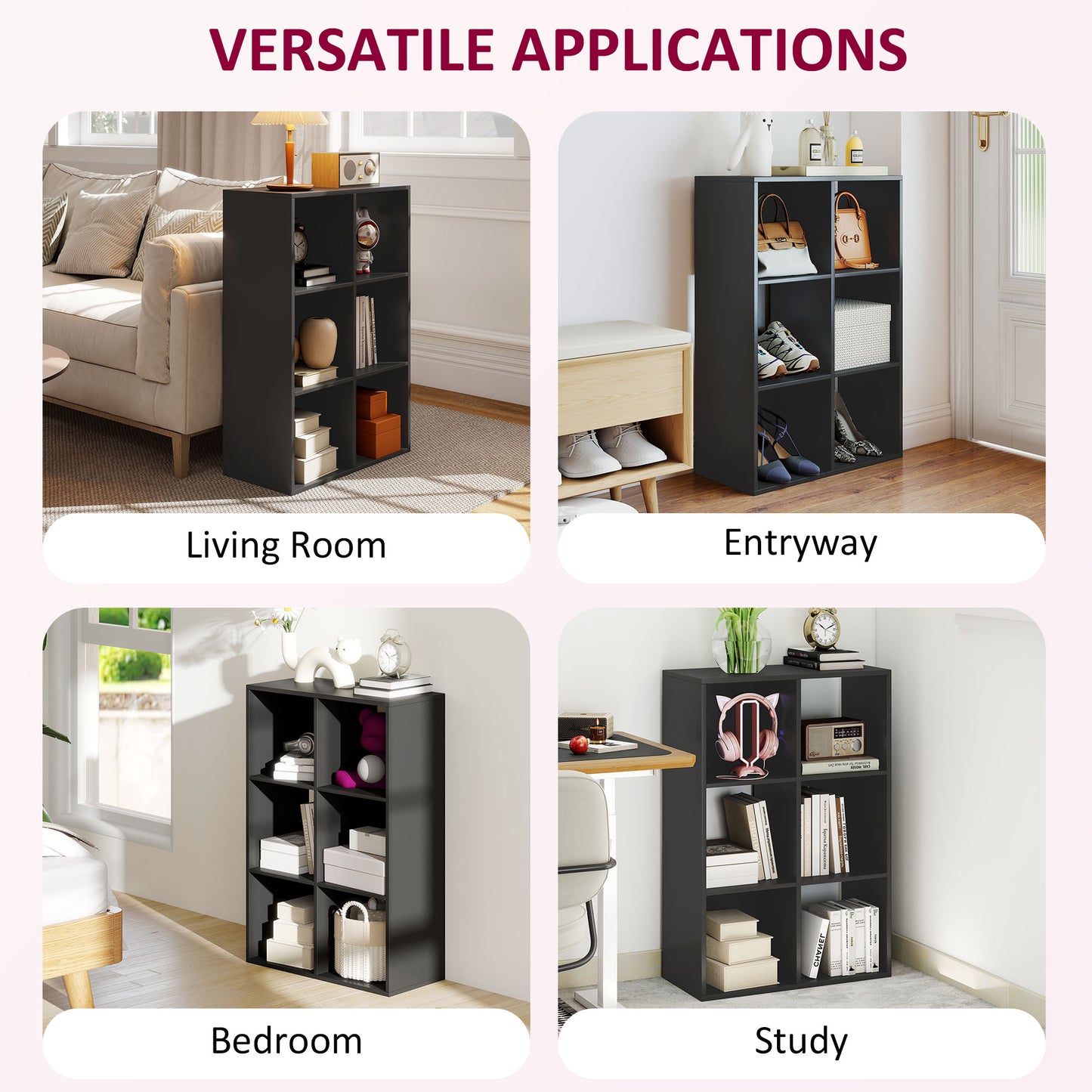 HOMCOM Six Cube Bookshelf Black Durable Particle Board Storage Organizer For Home Office
