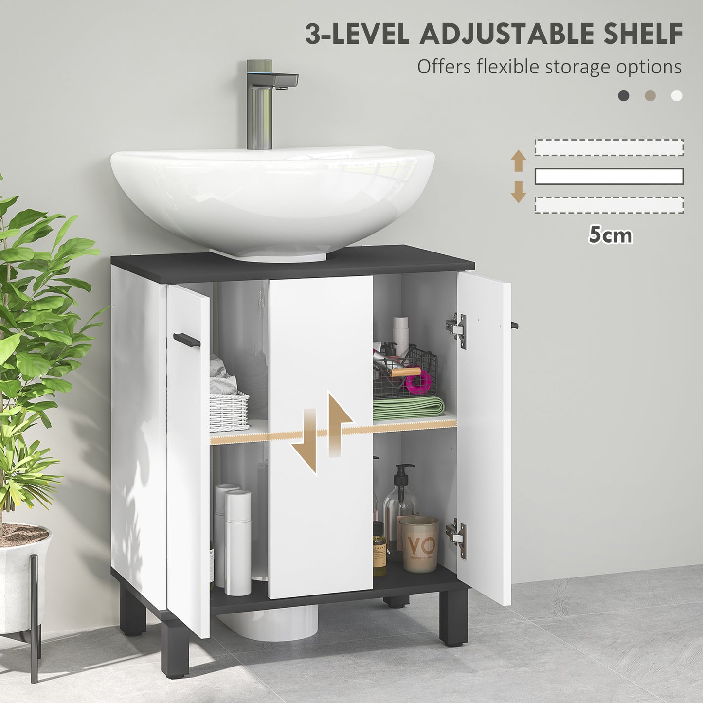 HOMCOM Modern Under Sink Bathroom Cabinet High Gloss White With Three Level Adjustable Shelf And U Cutout