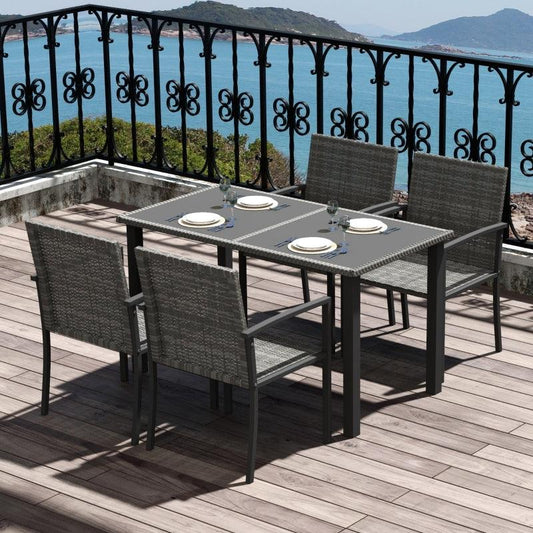 Outsunny 5-Piece Outdoor Dining Set - Patio Conservatory Furniture with Tempered Glass Tabletop, 4 Dining Chairs - Grey - ALL4U RETAILER LTD