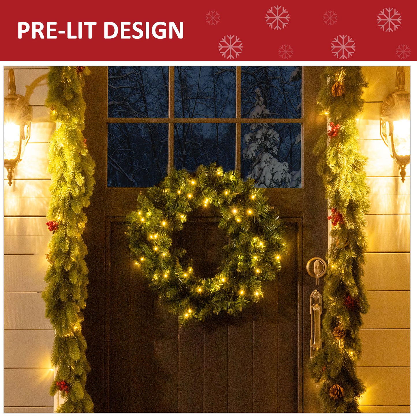 HOMCOM Pre-Lit Holiday Wreath with 50 Warm White LED Lights - ALL4U RETAILER LTD