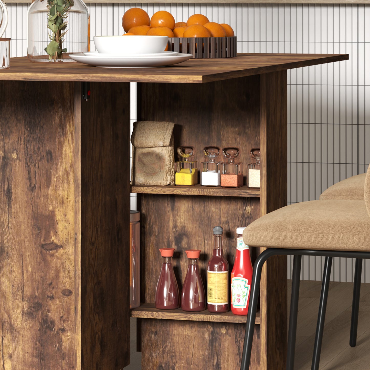 HOMCOM Folding Dining Table 80-140 Cm For 4-6 People Drop Leaf With 2-Tier Shelves And Rolling Casters Rustic Brown