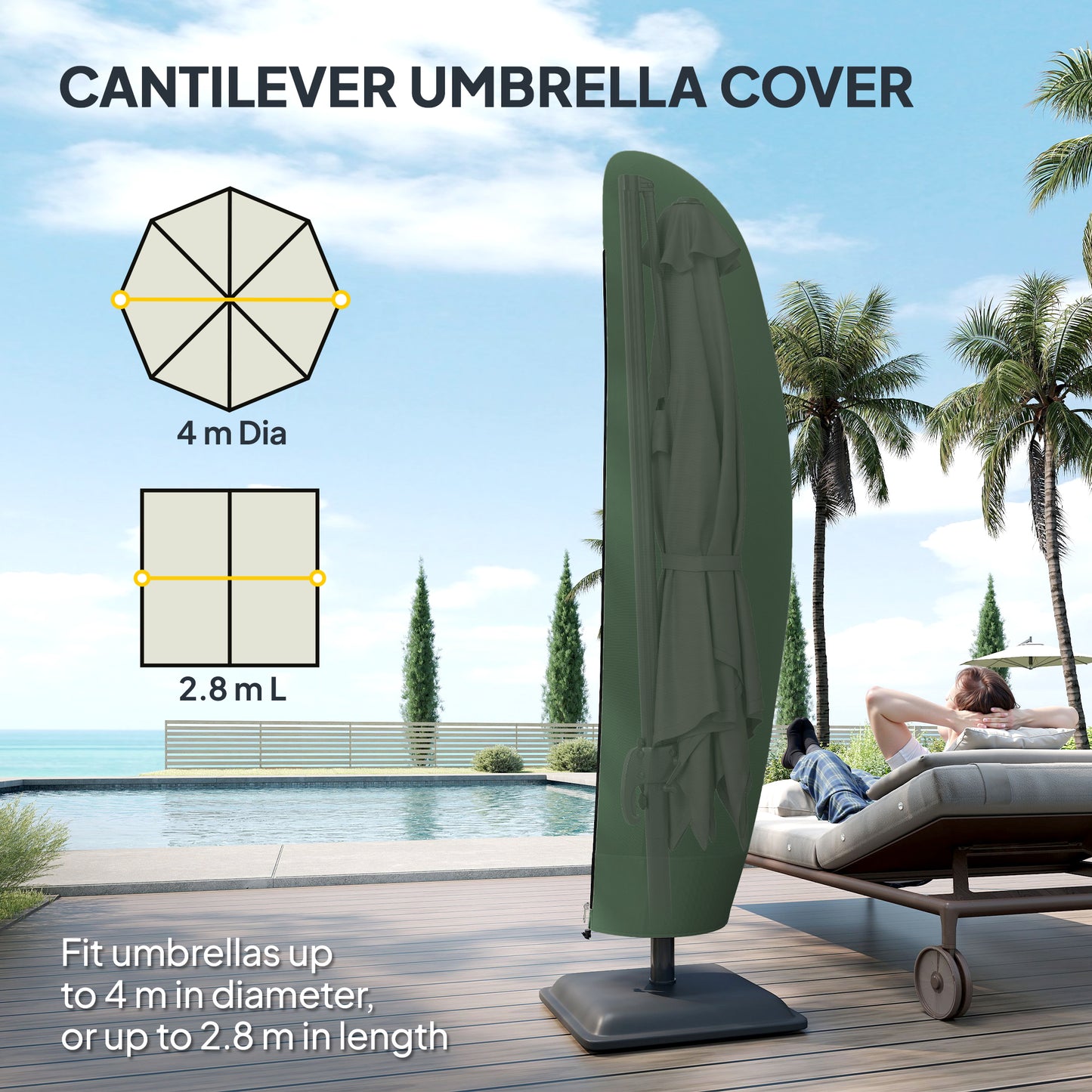 Outsunny 600D Oxford Cantilever Parasol Cover For 2 To 4 M Umbrellas Green Weatherproof