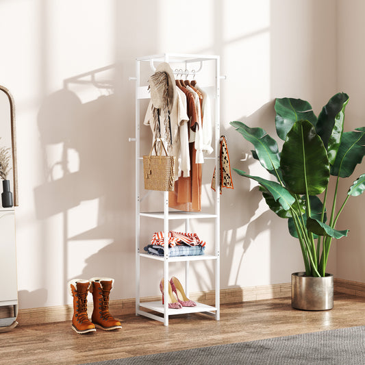 HOMCOM Multi Storage Clothes Rack with Shelves and Hooks in White Powder Coated Steel Industrial Design